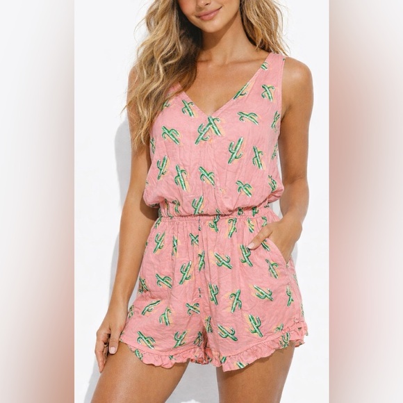 Wet Seal Pants - NWT 🌵 Wet Seal Cactus Print Romper Pink Green Summer Beach Cute Boho Festival M